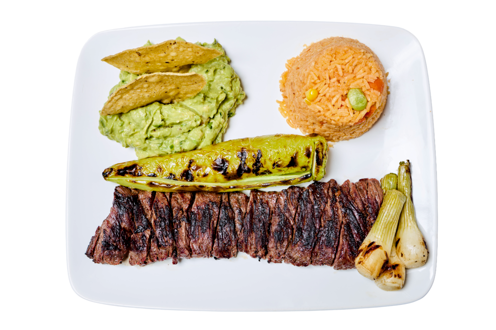 Arrachera steak plate with rice and guacamole