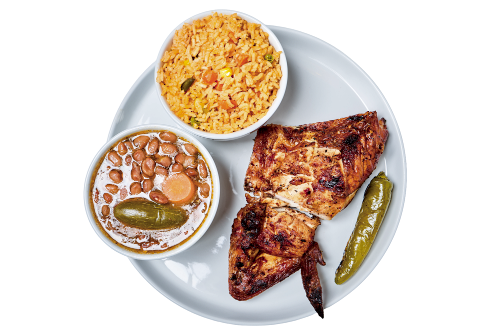Charcoal chicken plate with rice and beans